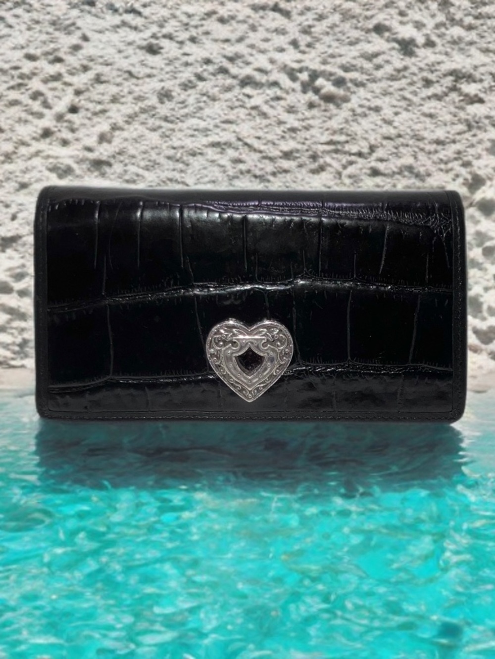 Brighton Black Croc Embossed Leather Tri-Fold Wallet Silver Heart Filigree Logo